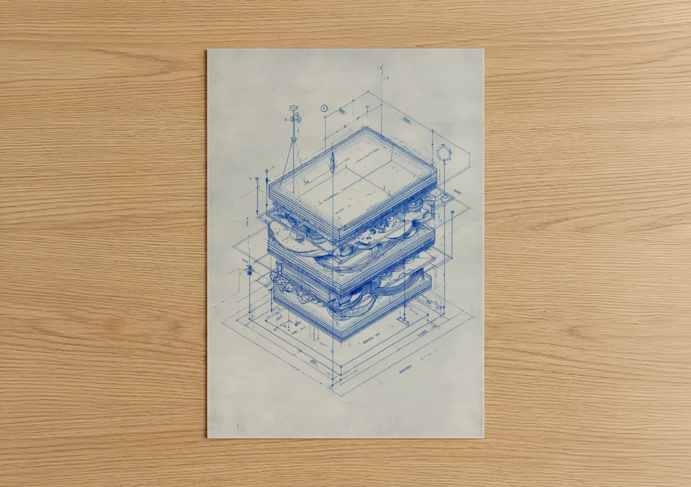 Layered Blueprint Technical Isometric Drawing Wall Art