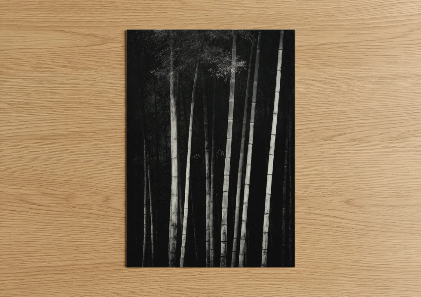 Bamboo jungle art print on warm oak wood — black and white palette — Misty Bamboo Grove poster