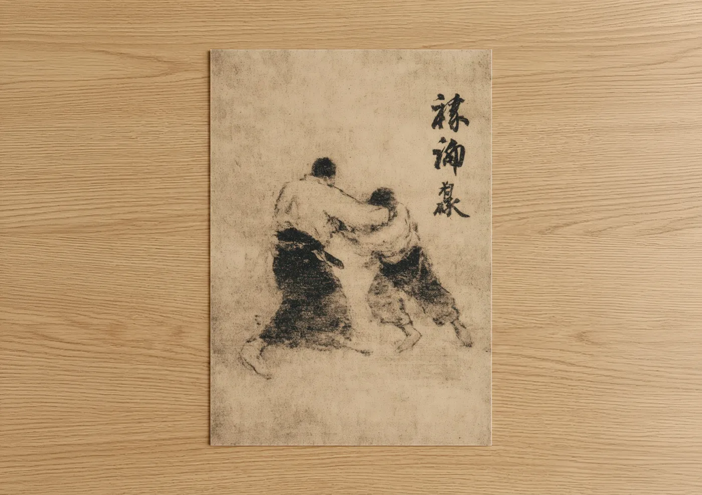 Judo art print on warm oak wood — beige and black and white palette — Sumo Grapple poster