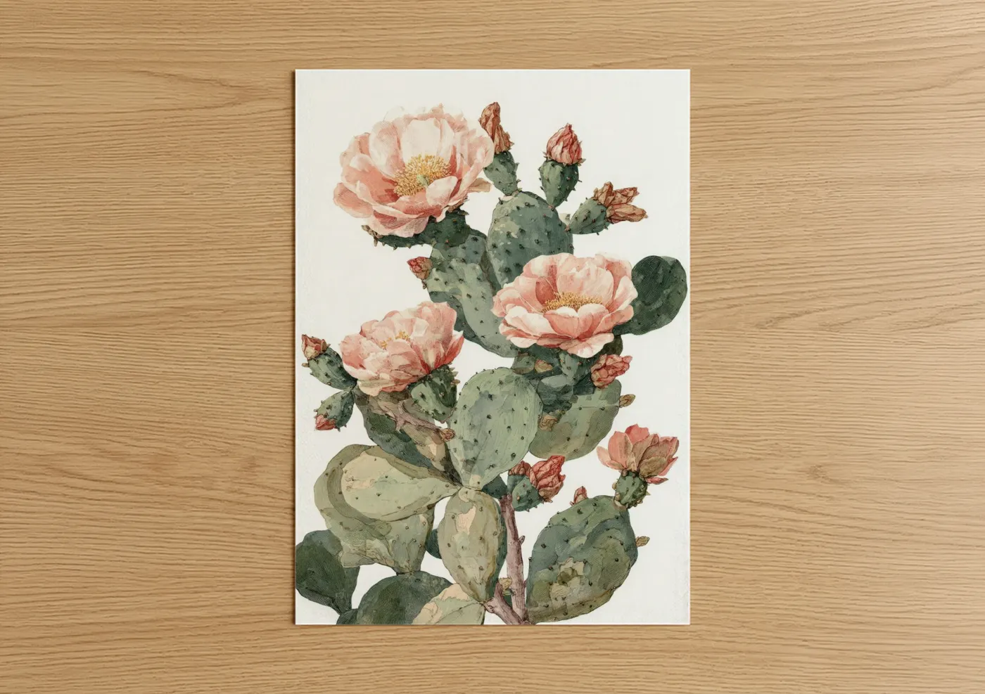 Prickly Pear Cactus Pink Flowers Watercolor Wall Art