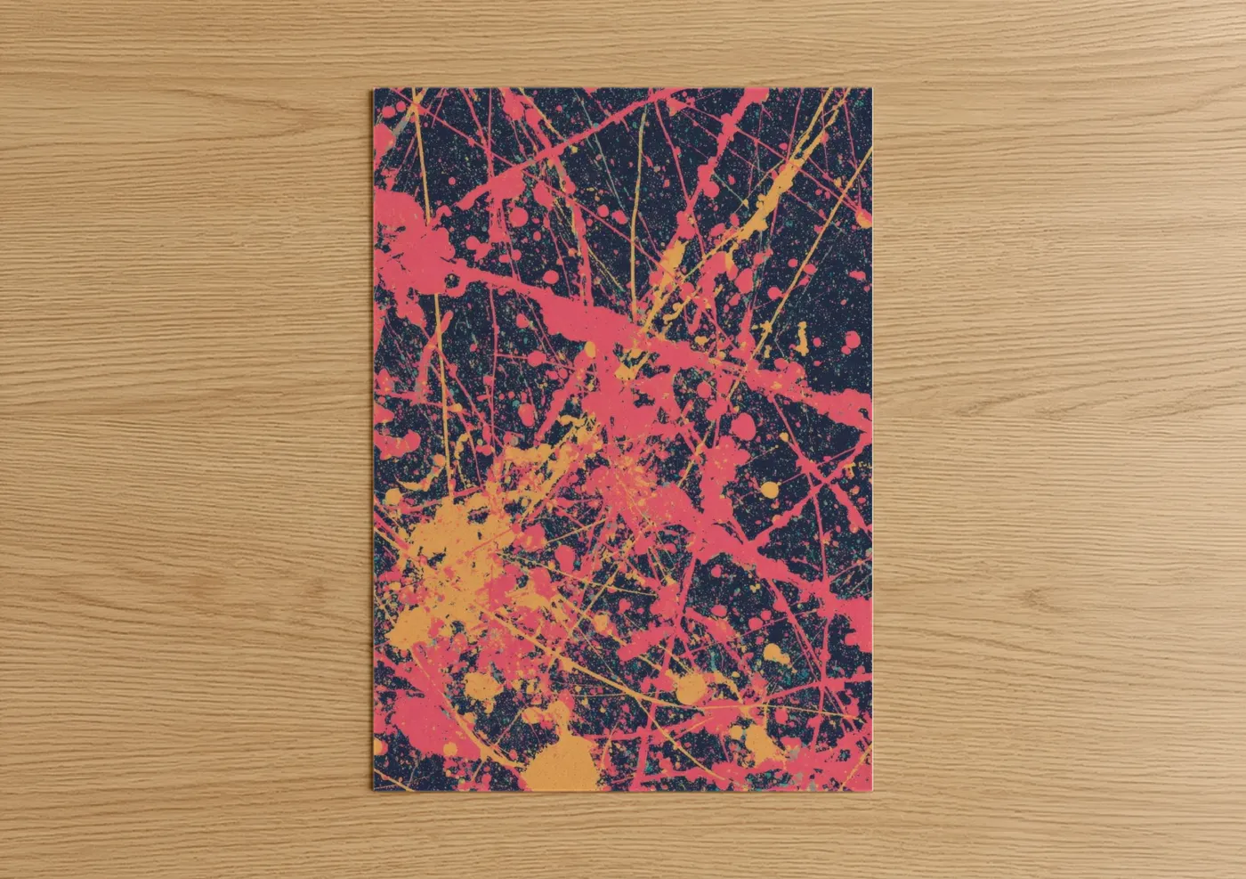 Abstract expressionism art print on warm oak wood — magenta and gold palette — Neon Splatter poster