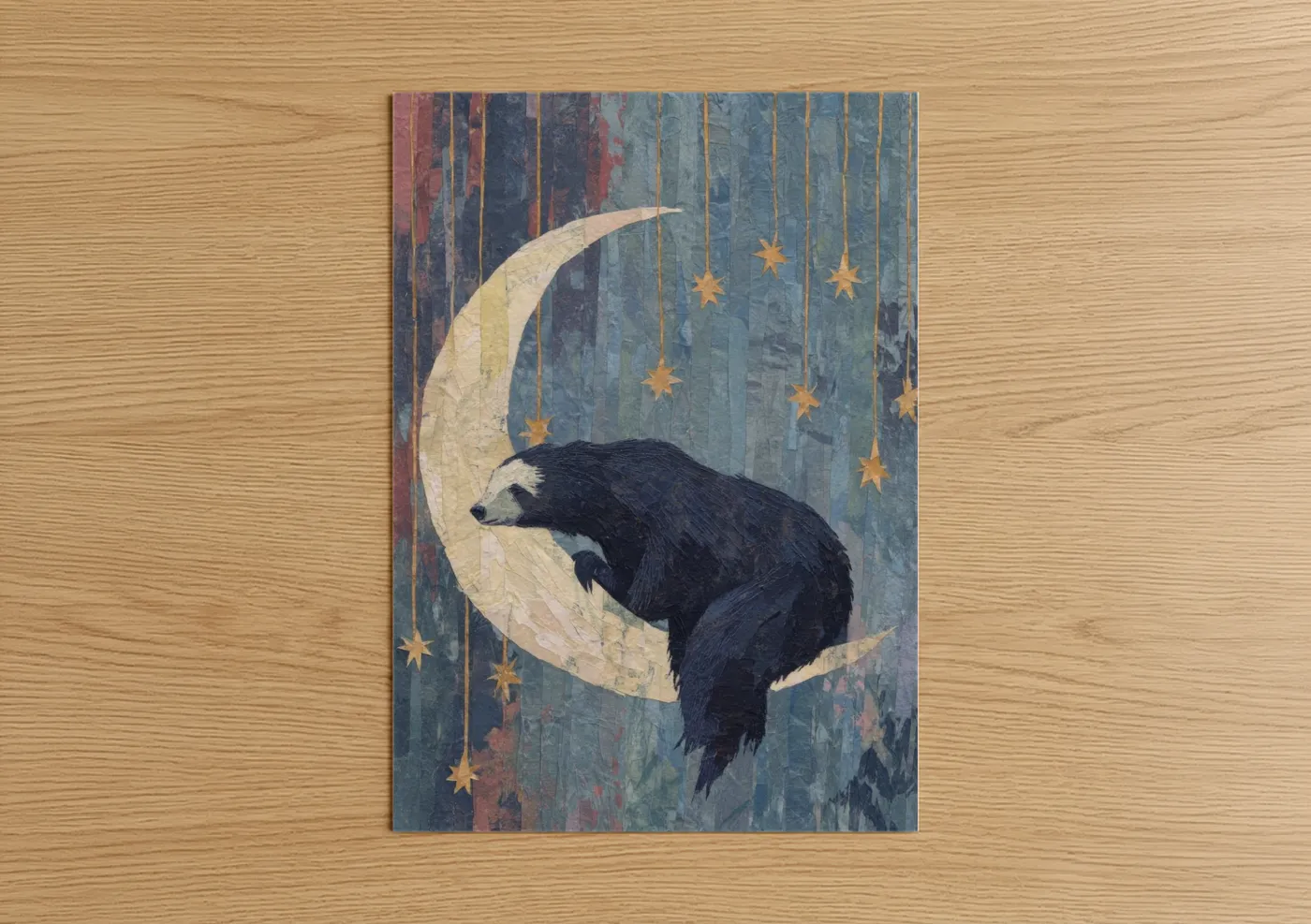 Art print on warm oak wood — blue and gold palette — Moonlit Sloth Bear poster
