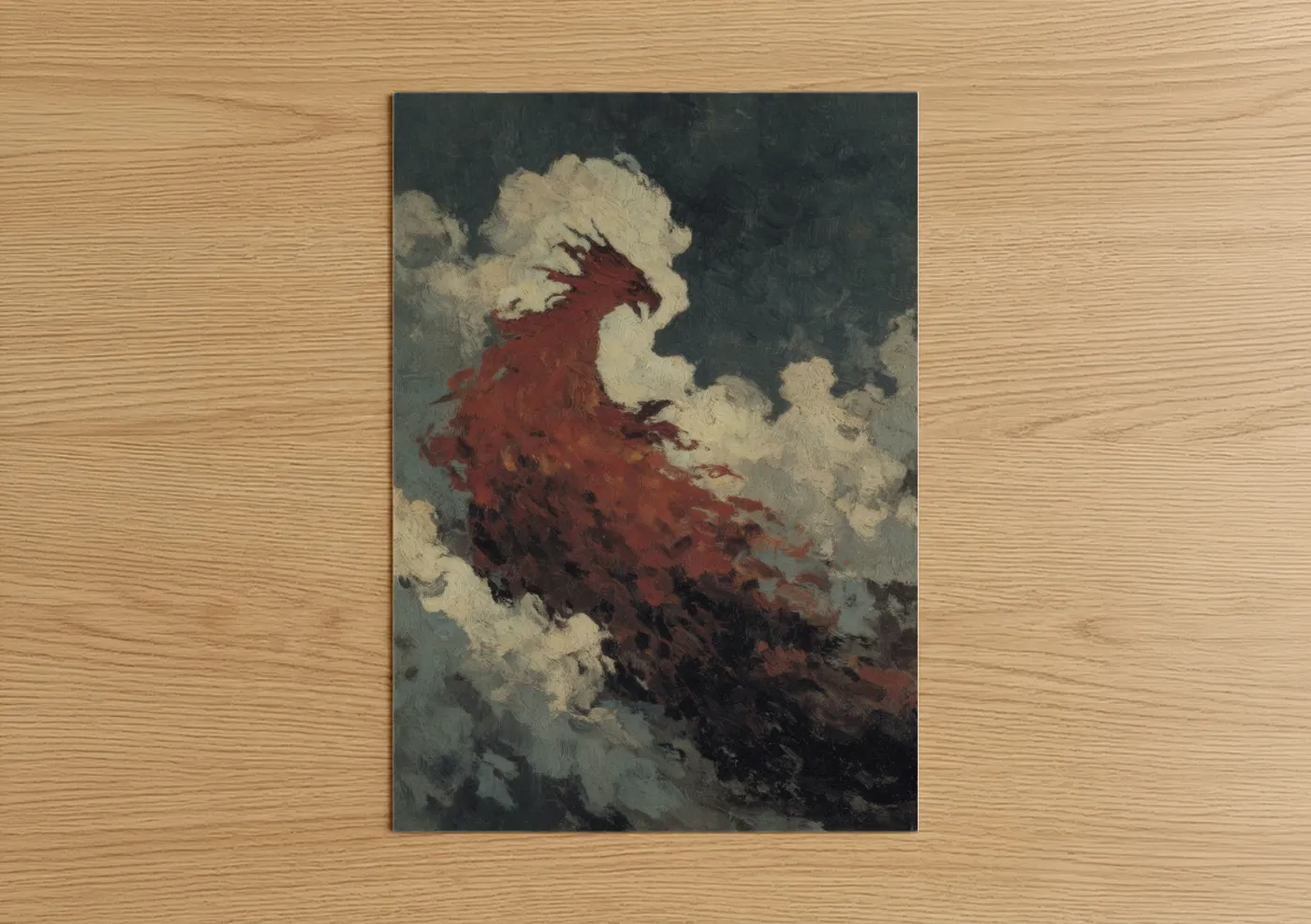 Art print on warm oak wood — maroon and cream palette — Crimson Phoenix Rising poster