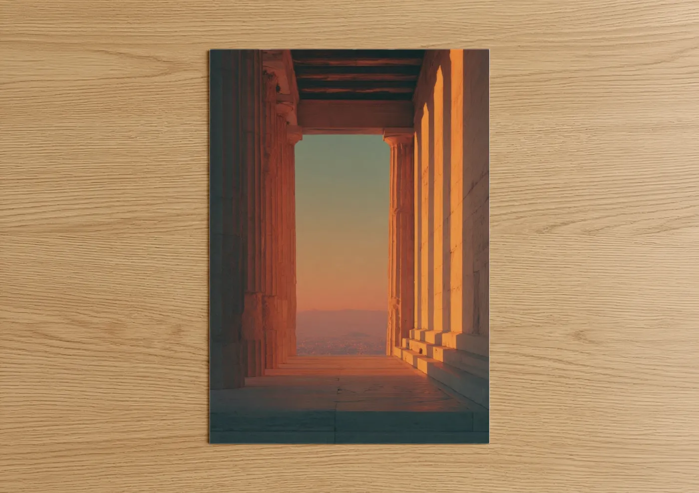 Art print on warm oak wood — gold and orange palette — Golden Temple Sunrise poster