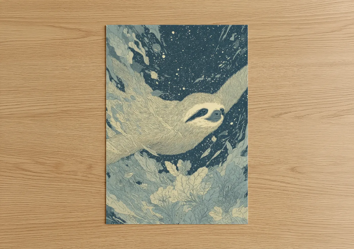 Art print on warm oak wood — dark blue and cream palette — Starlit Sloth poster