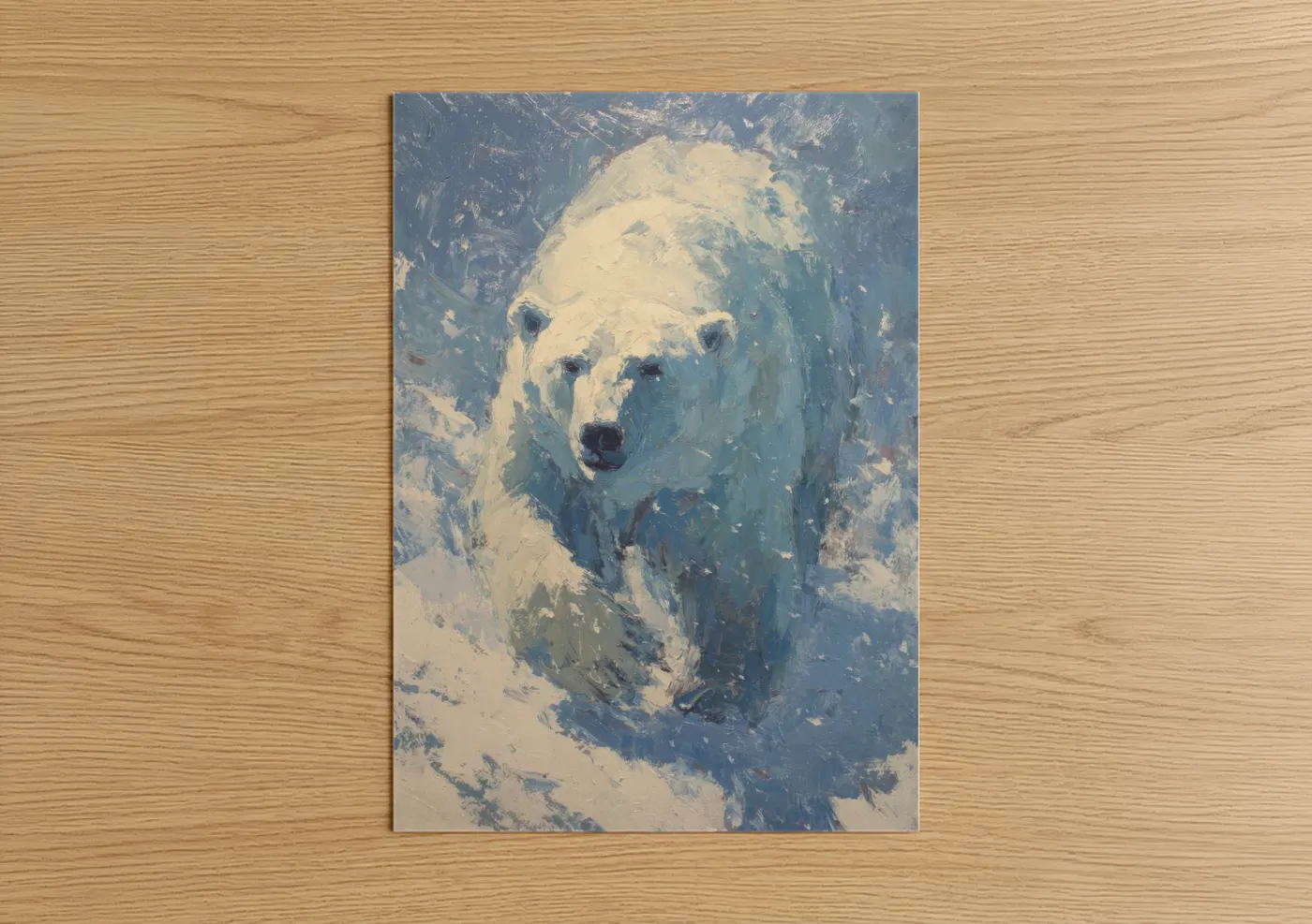 Art print on warm oak wood — blue and white and cream palette — Snowy Polar Bear poster