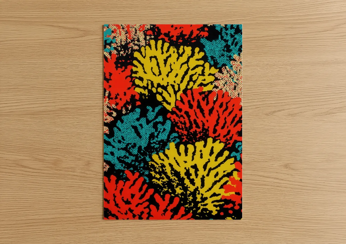 Art print on warm oak wood — red and yellow gold palette — Vibrant Coral Garden poster