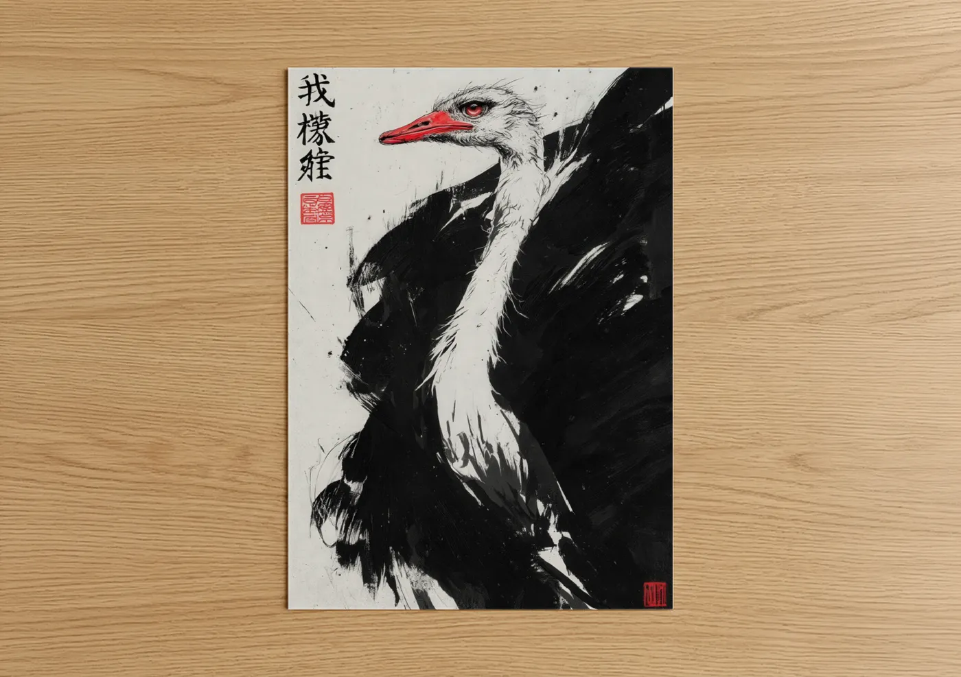 Art print on warm oak wood — black and white and red palette — Crimson Ostrich poster