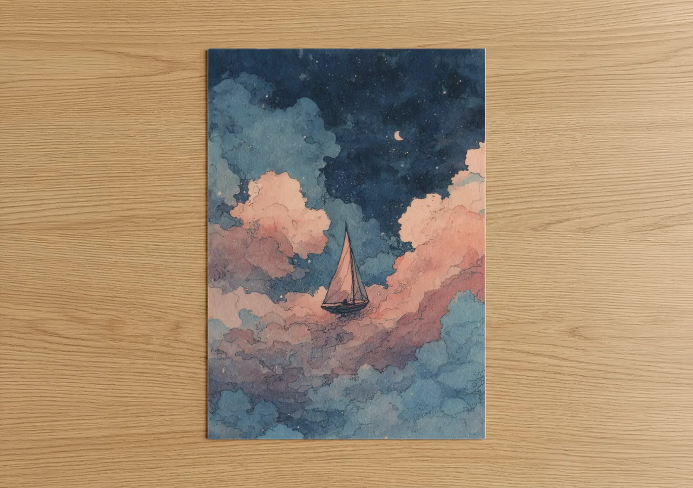Dreamy Sailing Ship Night Sky Watercolor Wall Art