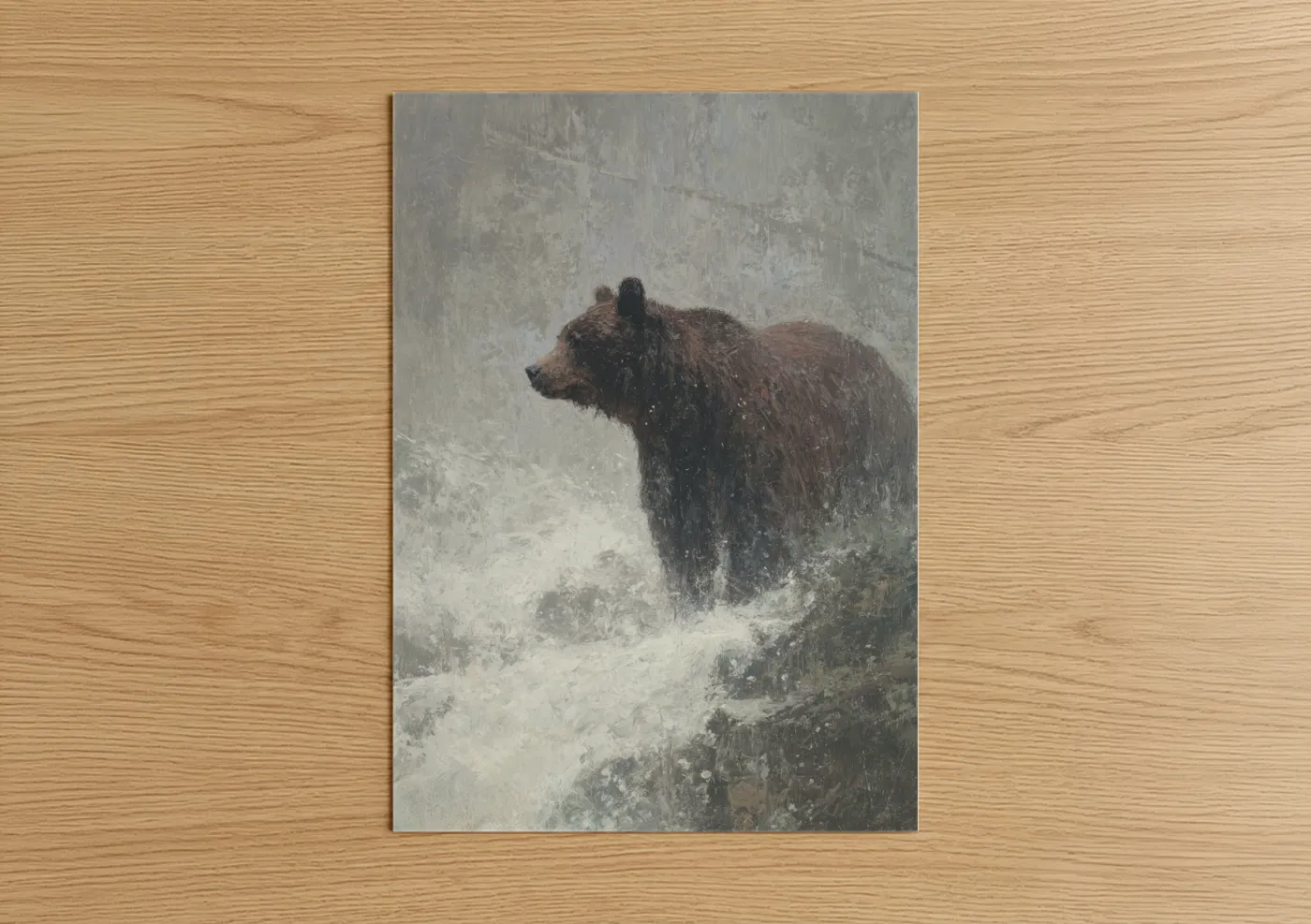 Grizzly bear art print on warm oak wood — gray and white and brown palette — Snowy Grizzly poster
