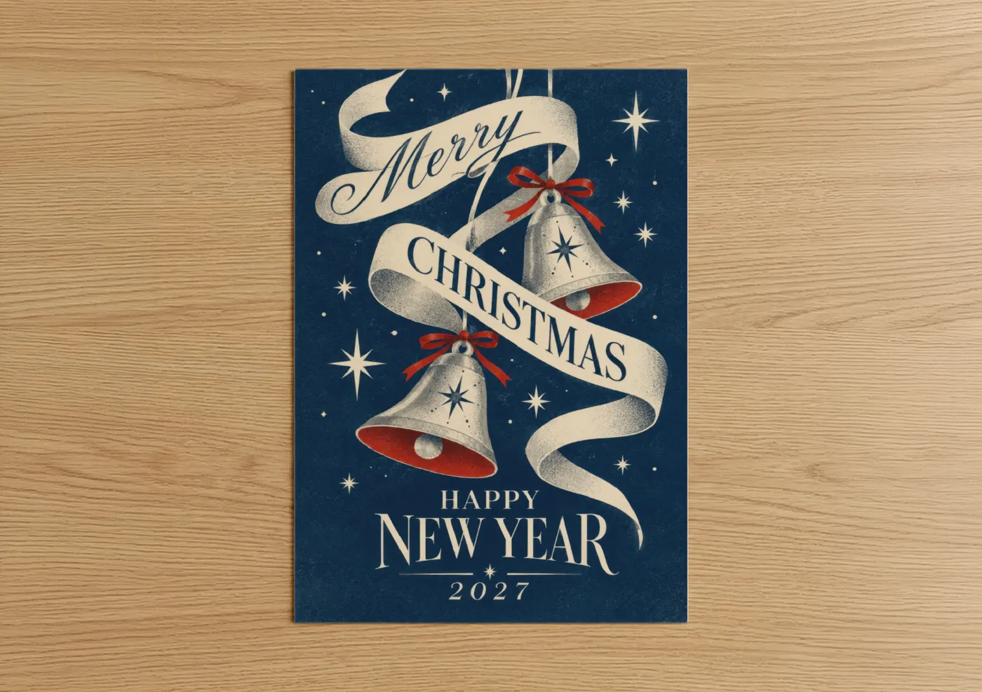 Art print on warm oak wood — blue and silver palette — Vintage Christmas Bells Holiday Wall Art poster