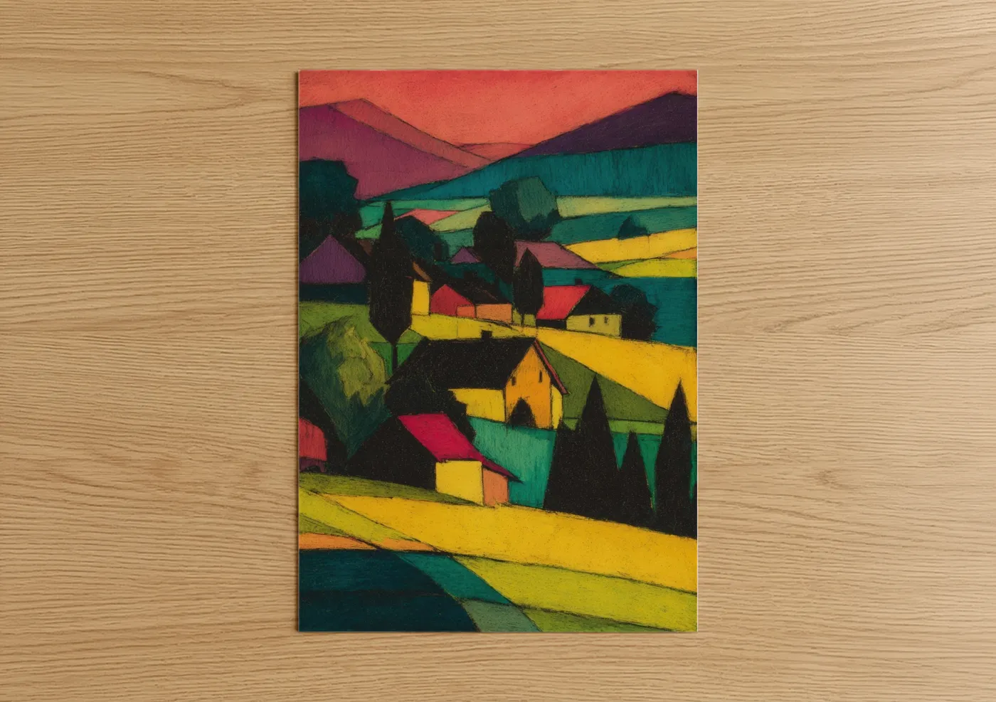 Vineyards art print on warm oak wood — yellow and magenta palette — Crimson Vineyard Valley poster