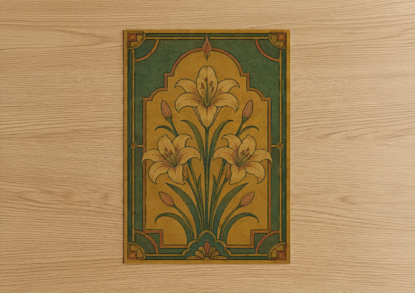 Art print on warm oak wood — gold and dark green palette — Art Deco Lily Floral Wall Art poster