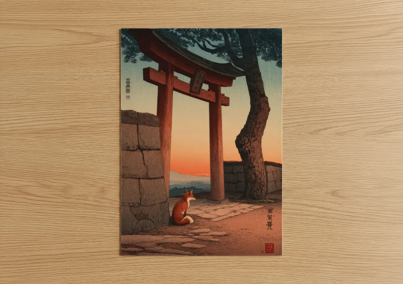 Red Fox at Japanese Temple Sunset Wall Art