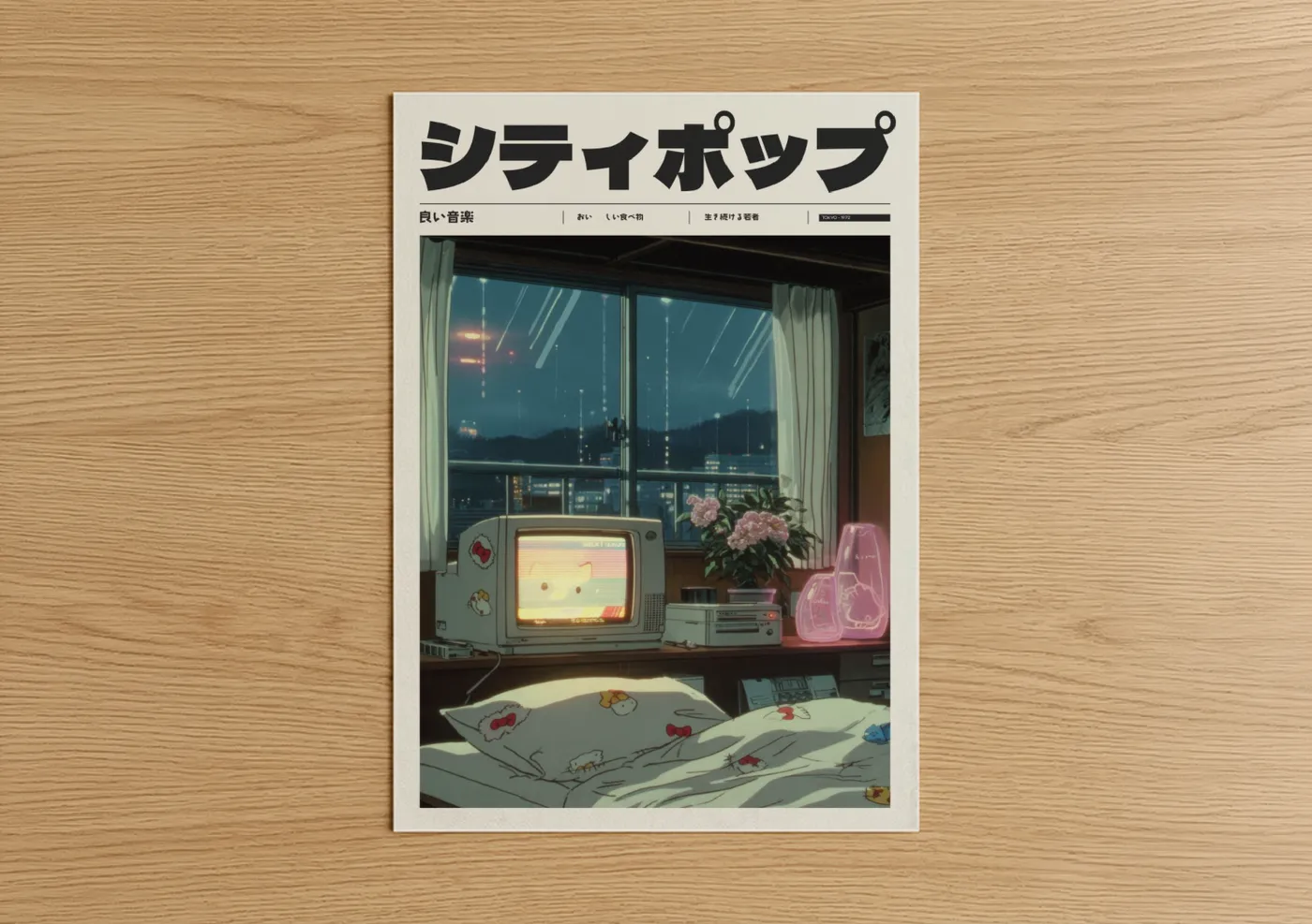 Anime and manga art print on warm oak wood — blue and pink palette — Rainy Night Nostalgia poster