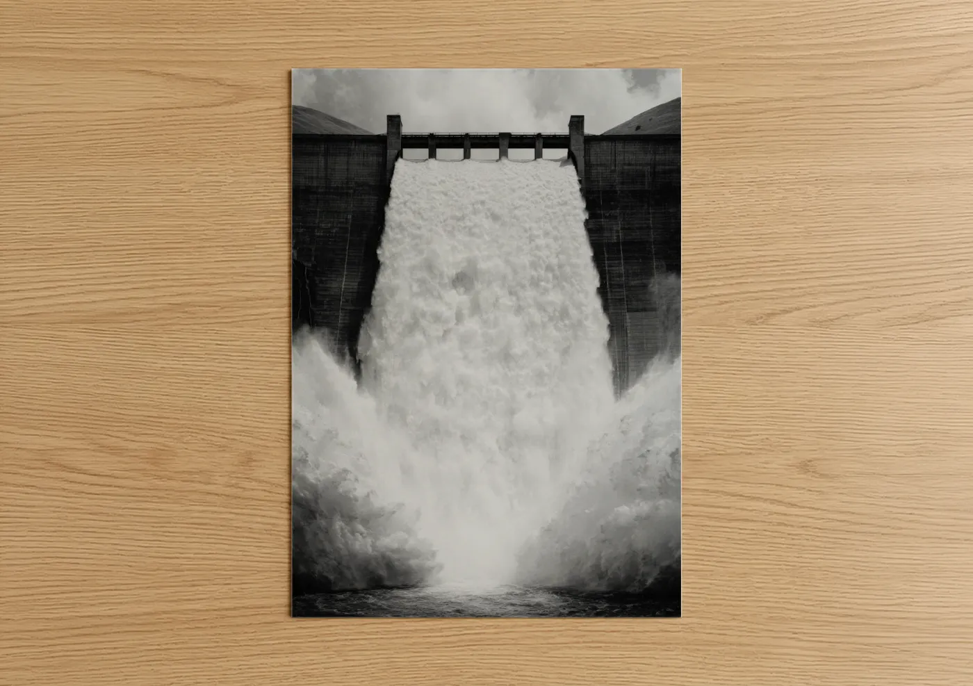 Art print on warm oak wood — black and white palette — Rushing Dam Gates poster