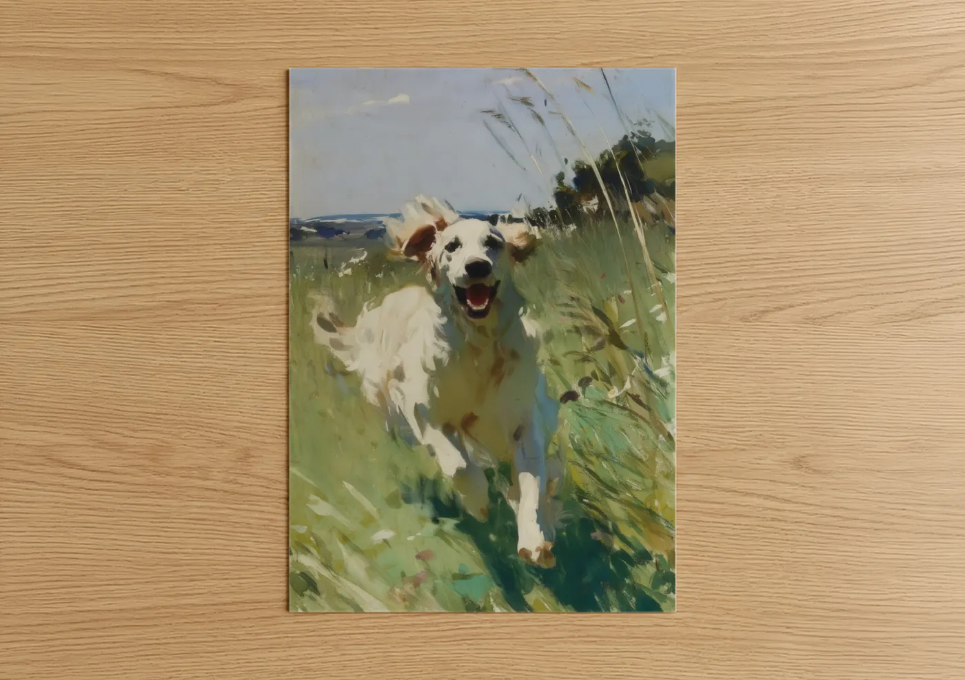 Art print on warm oak wood — green and white palette — Golden Field Retriever poster