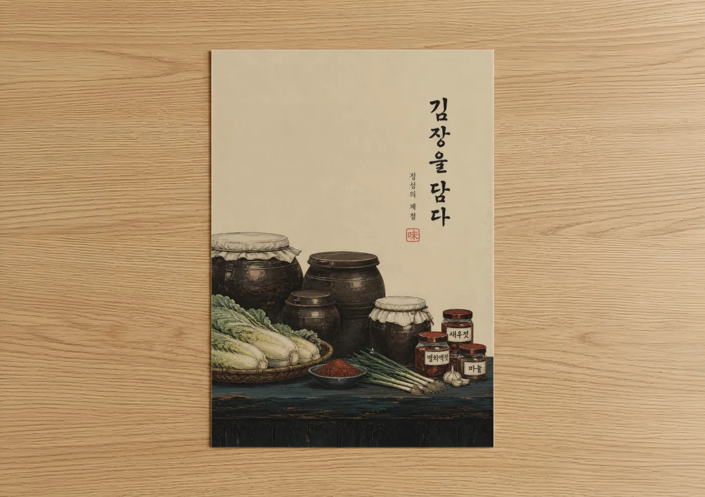 Vegetable art print on warm oak wood — beige and espresso palette — Korean Kimchi Ingredients Still Life Wall Art poster