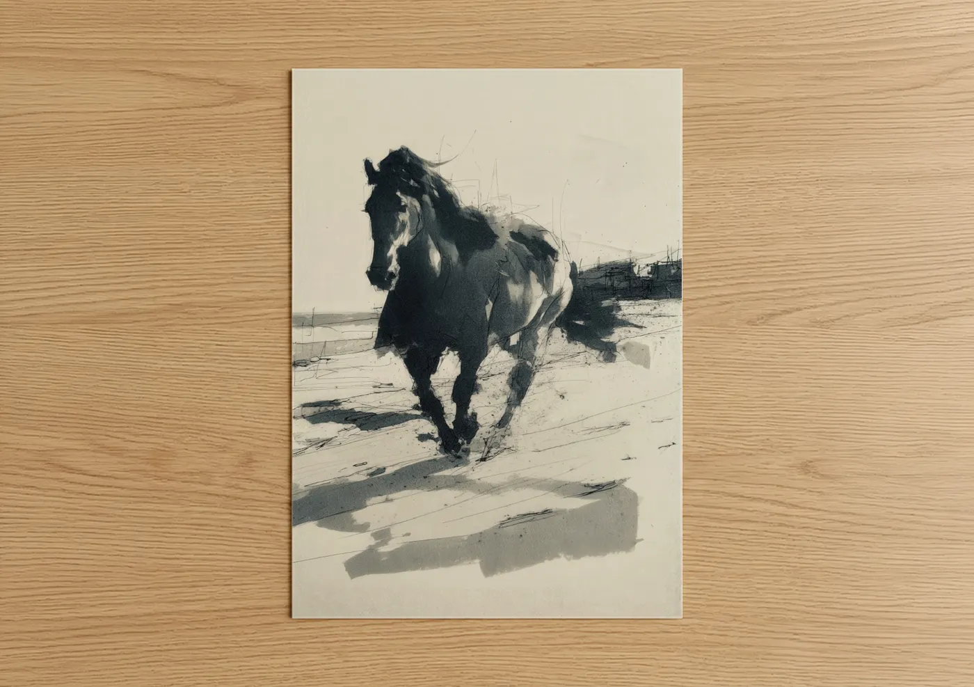 Friesian horse art print on warm oak wood — black and white and gray palette — Beach Friesian poster
