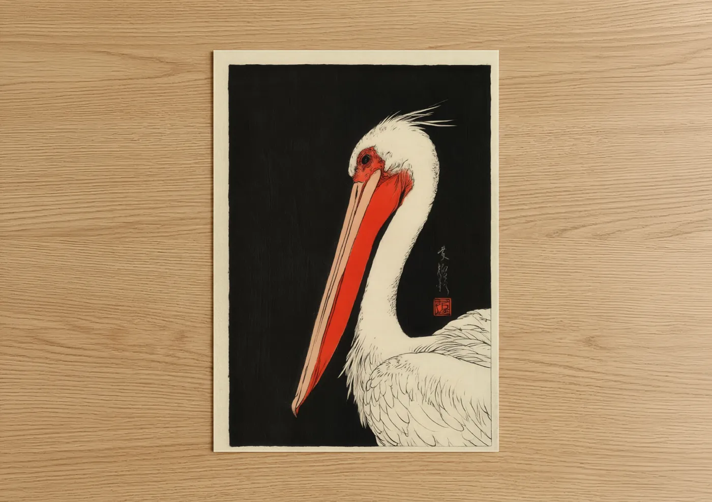 Art print on warm oak wood — black and white and red palette — Crimson Pelican poster