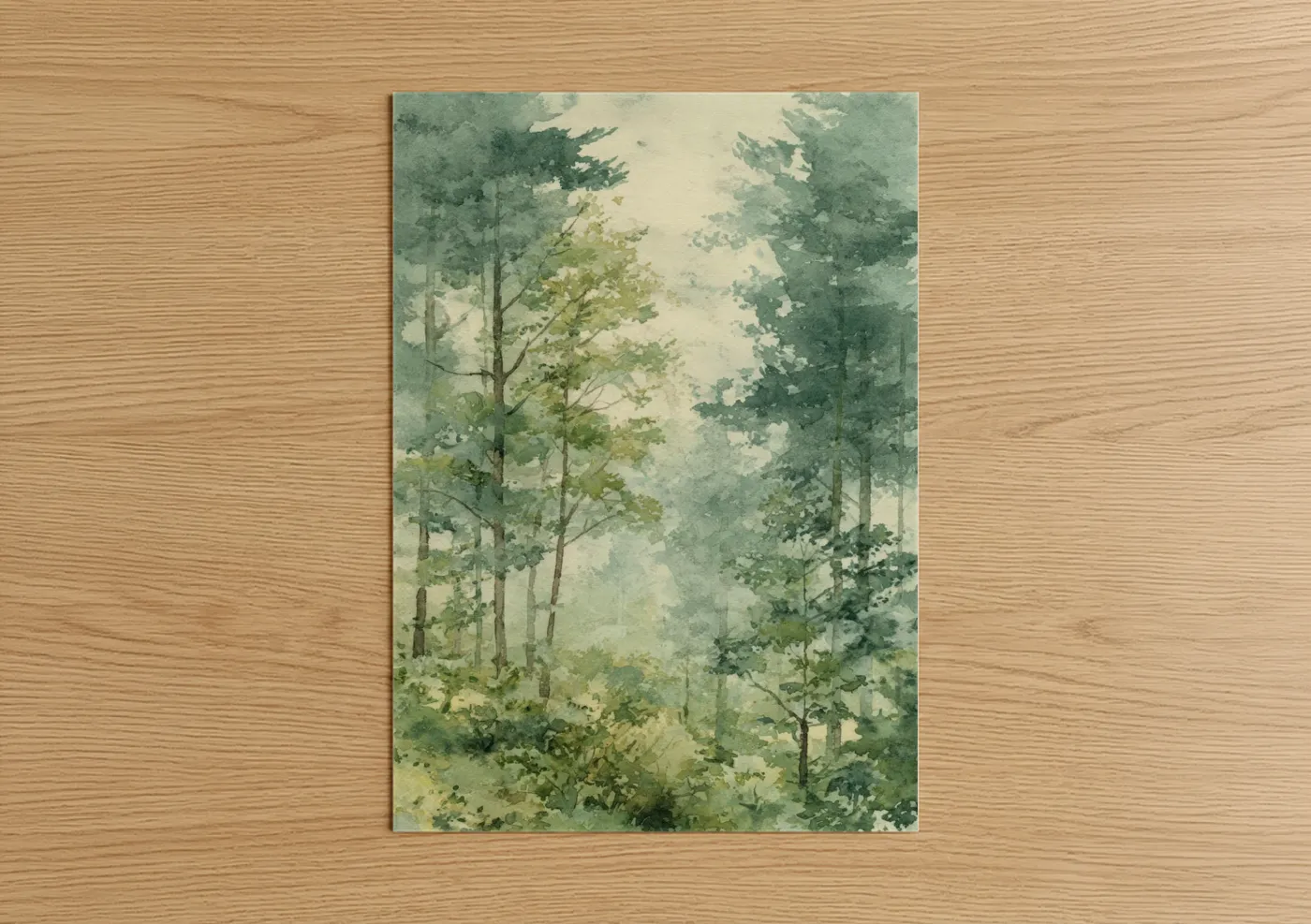 Art print on warm oak wood — sage green and cream palette — Misty Cedar Forest poster