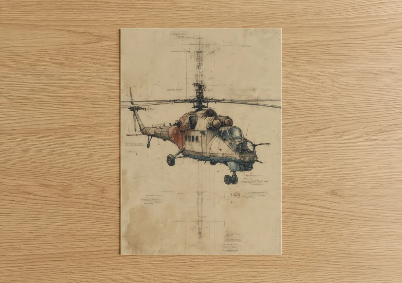 Art print on warm oak wood — beige and black and white palette — Technical Helicopter Blueprint poster