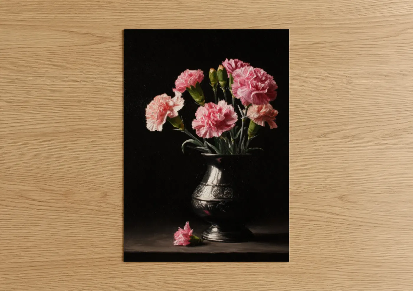 Art print on warm oak wood — pink and black palette — Pink Carnations Still Life poster