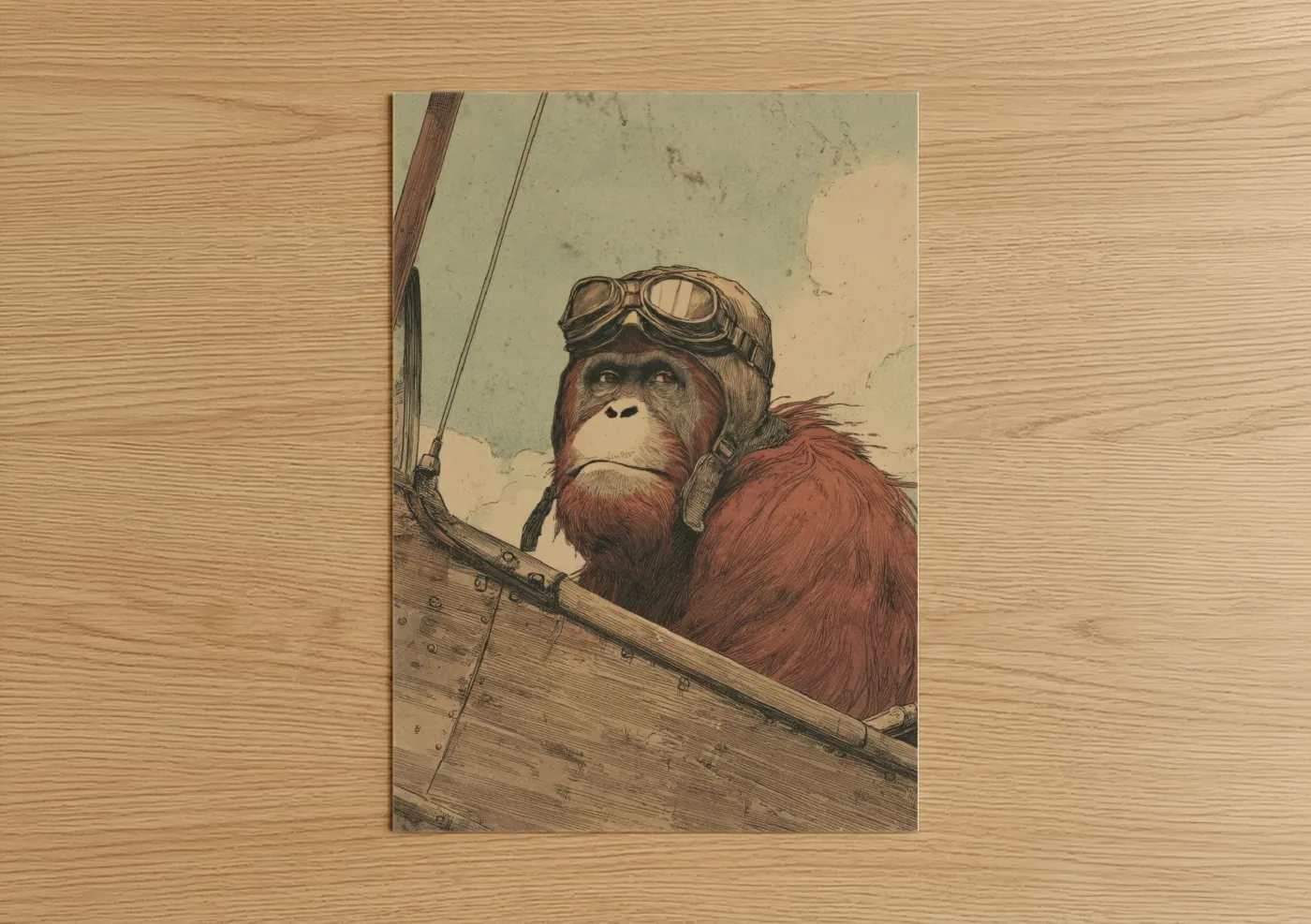 Art print on warm oak wood — russet and beige palette — Aviator Orangutan poster
