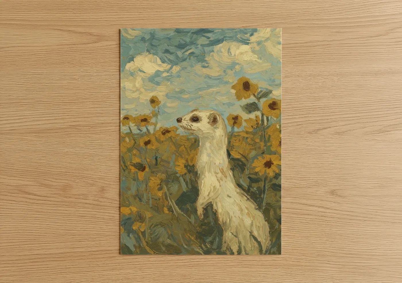 White Weasel Sunflower Field Painting Wall Art
