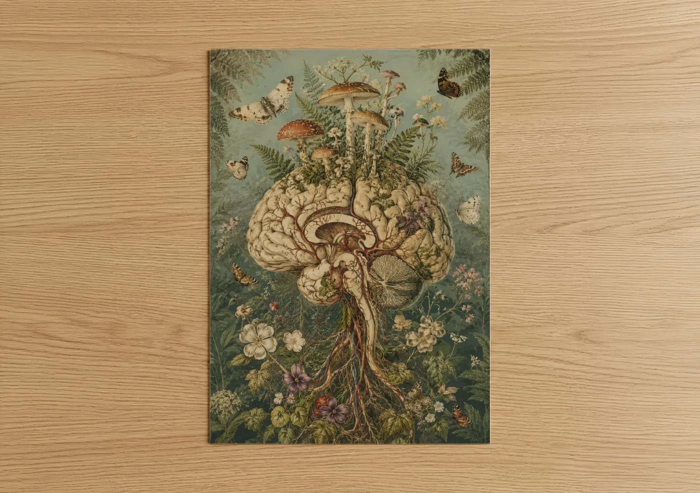 Butterfly art print on warm oak wood — beige and sage green palette — Botanical Brain Surrealism Wall Art poster
