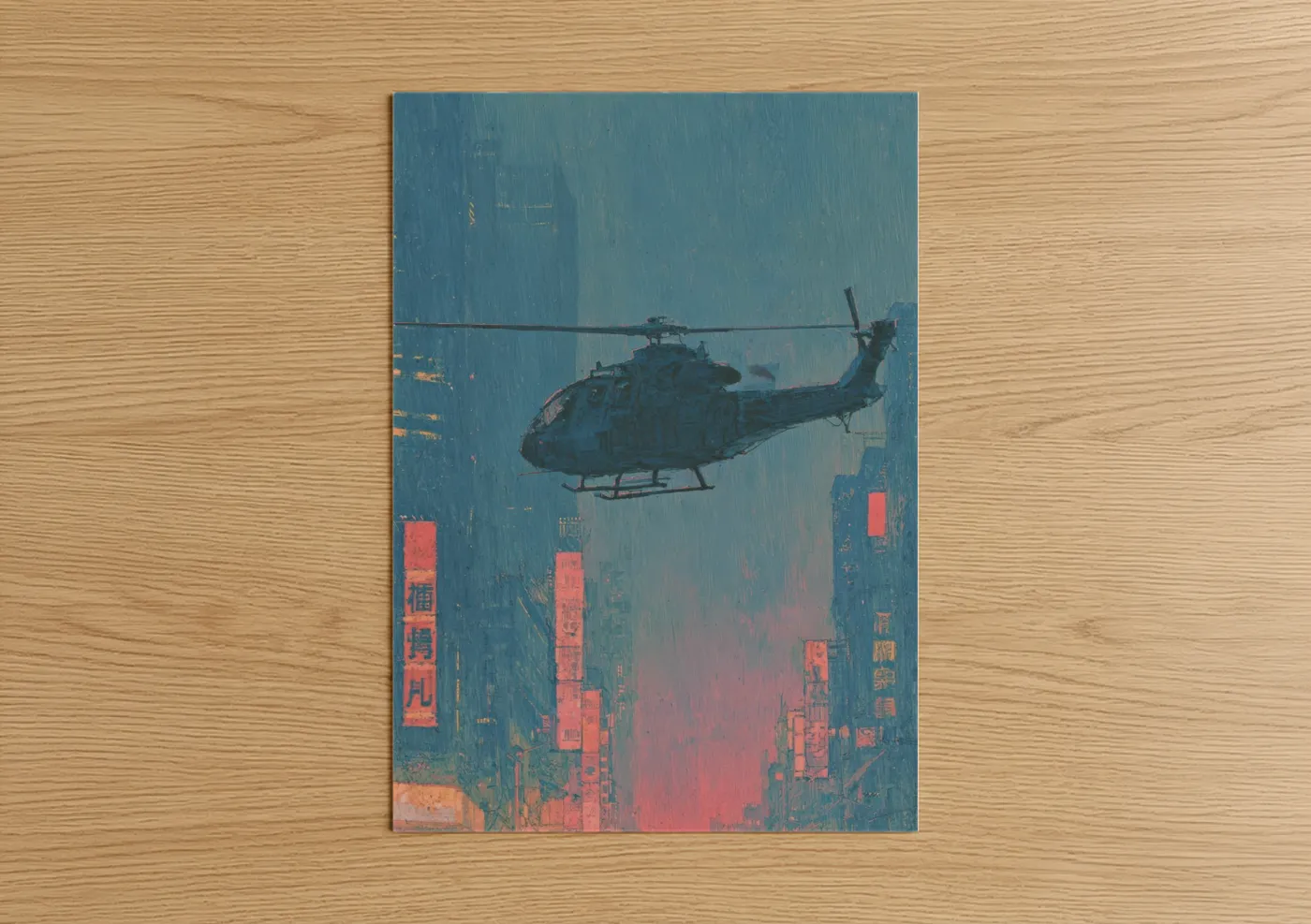 Neon Cityscape Helicopter Urban Wall Art