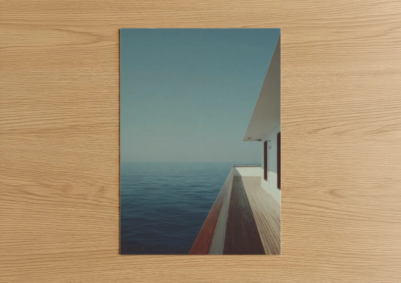 Yacth art print on warm oak wood — blue and dove gray palette — Yacht Serenity poster