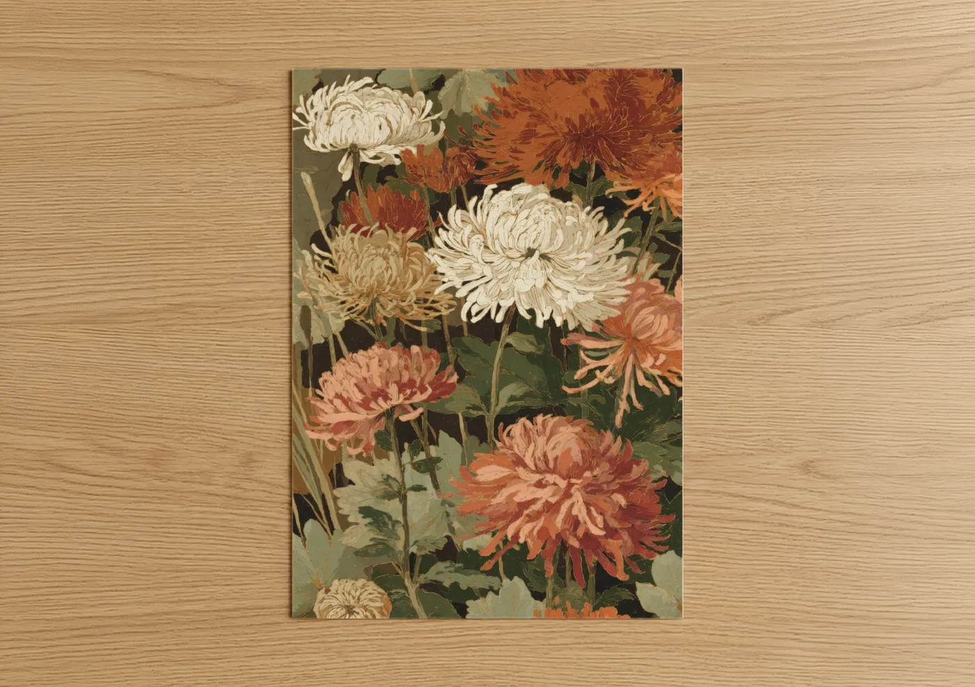 Art print on warm oak wood — russet and cream palette — Autumn Chrysanthemum poster