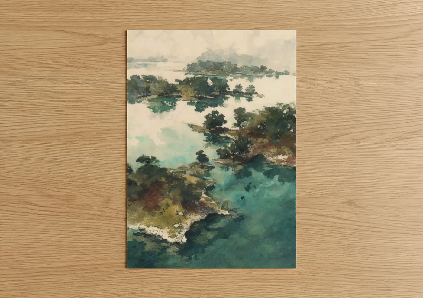 Misty Island Watercolor Landscape Wall Art