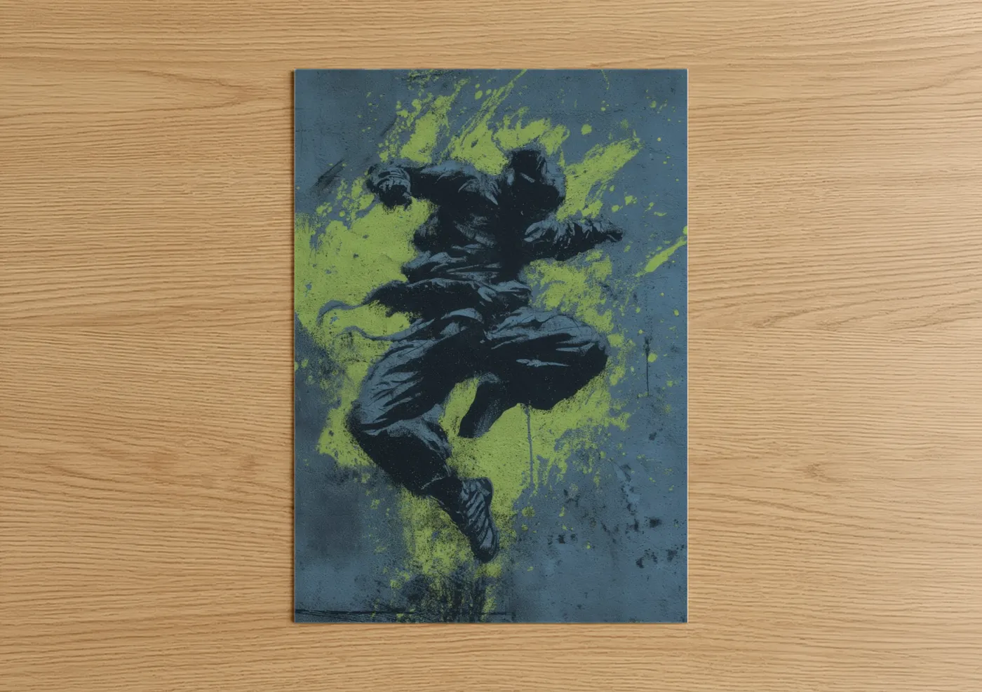 Kick boxing art print on warm oak wood — black and lime green palette — Dynamic Kick Boxer poster