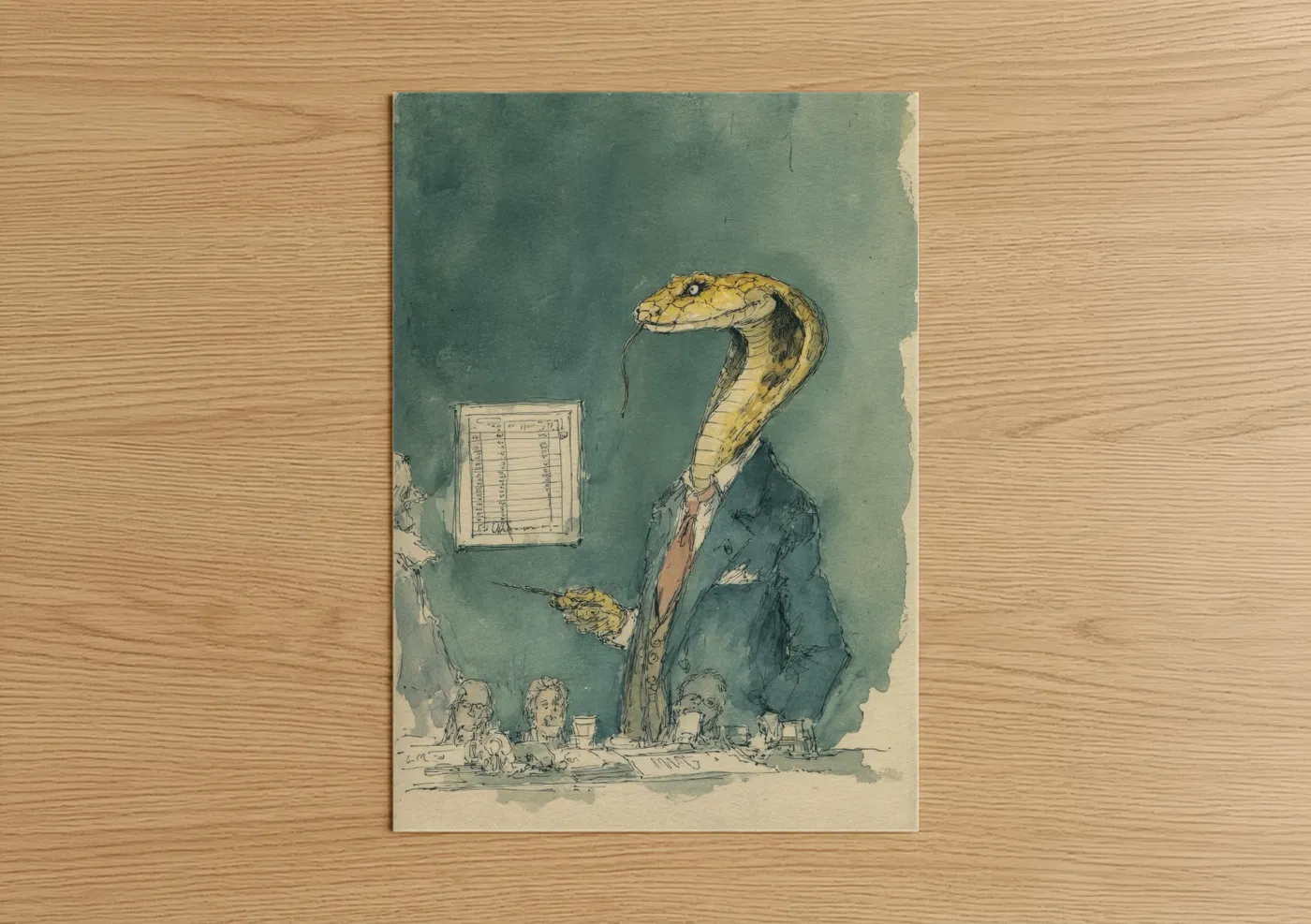 Art print on warm oak wood — sage green and yellow gold palette — Business Cobra poster