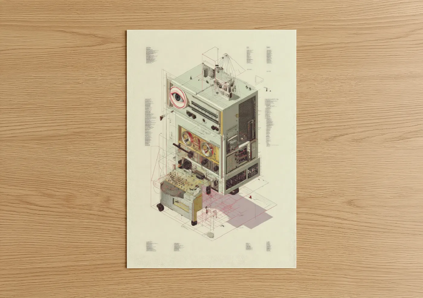 Blueprints art print on warm oak wood — cream and black and white palette — Vintage Audio Stack poster