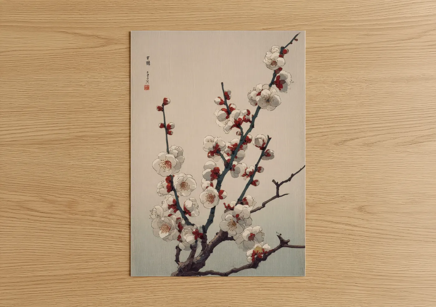 Cherry blossoms art print on warm oak wood — cream and maroon palette — Cherry Blossom Branch poster