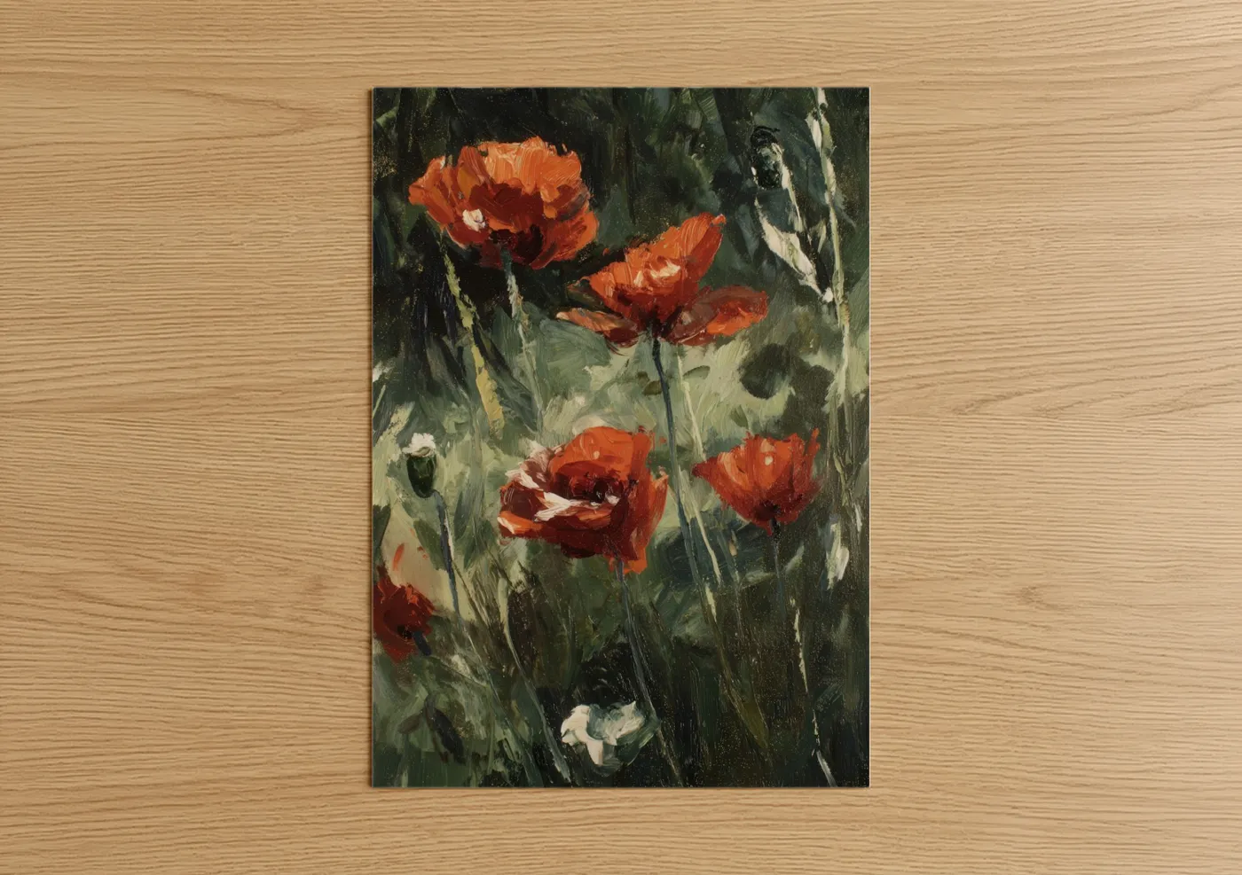Art print on warm oak wood — red and dark green palette — Crimson Poppies poster