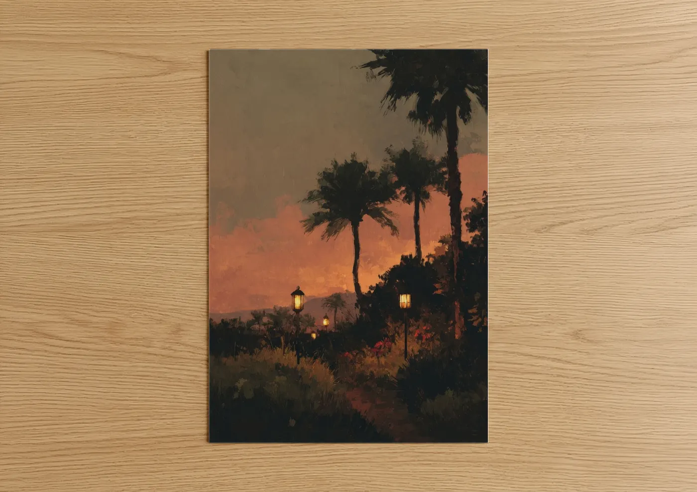 Art print on warm oak wood — orange and gold palette — Tropical Oasis Sunset poster