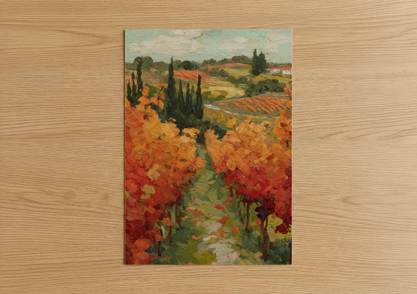 Vineyards art print on warm oak wood — orange and gold palette — Tuscan Vineyard Path poster