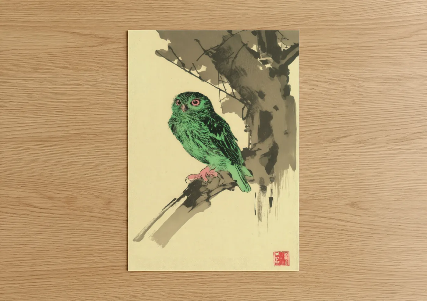 Art print on warm oak wood — light green and cream palette — Emerald Owl poster