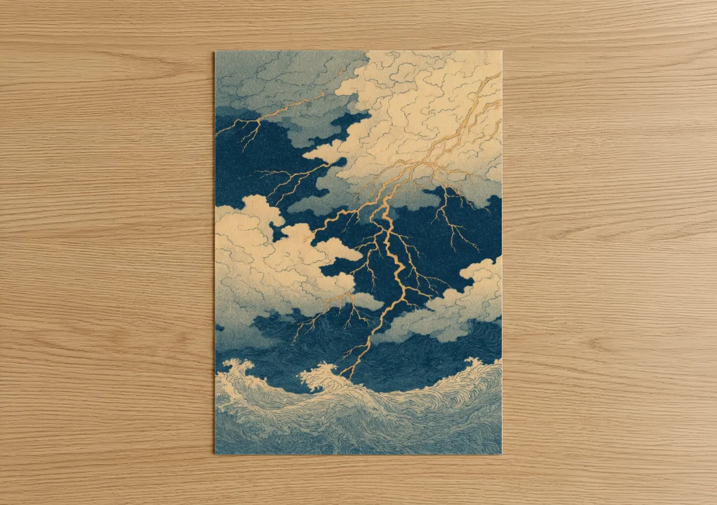 Art print on warm oak wood — dark blue and gold and white palette — Stormy Lightning Strike poster