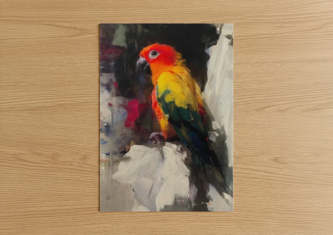 Safari parrots art print on warm oak wood — red and gold palette — Scarlet Macaw Portrait poster