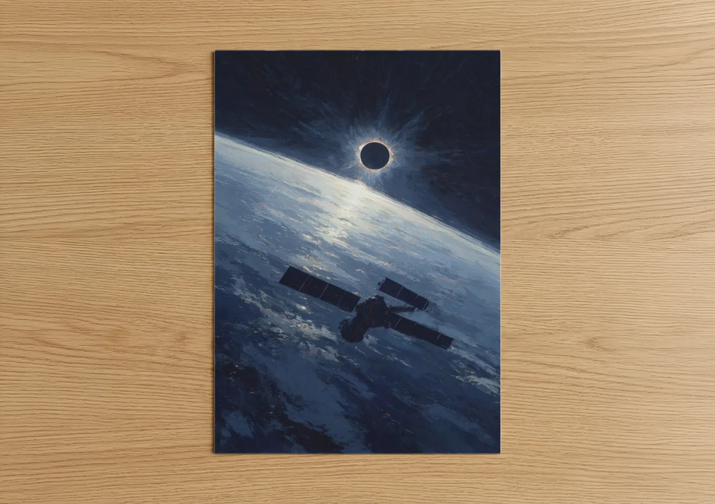 Satellite art print on warm oak wood — blue and white and dark blue palette — Orbital Eclipse poster
