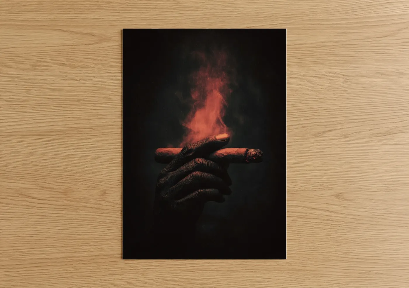 Cigars art print on warm oak wood — red and black palette — Smoking Ritual poster