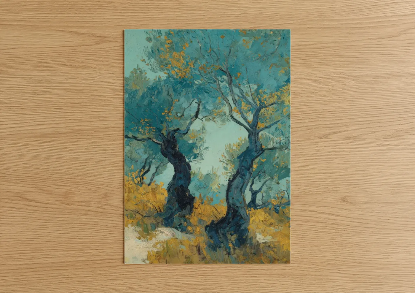 Olive tree art print on warm oak wood — gold and teal palette — Golden Olive Grove poster
