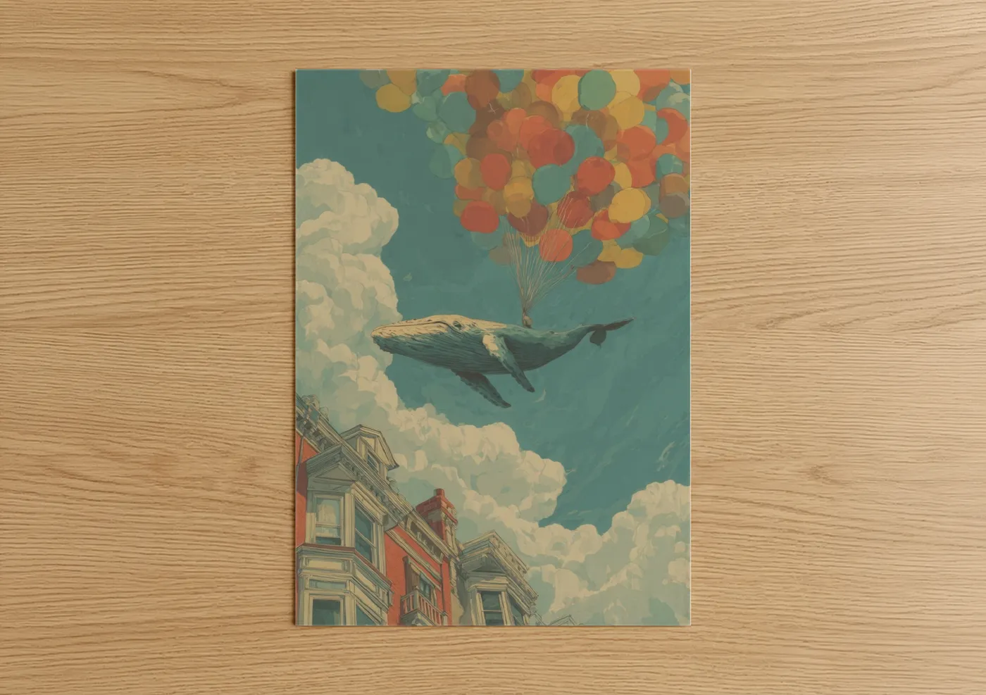 Sperm whale art print on warm oak wood — teal and gold palette — Dreaming Whale poster