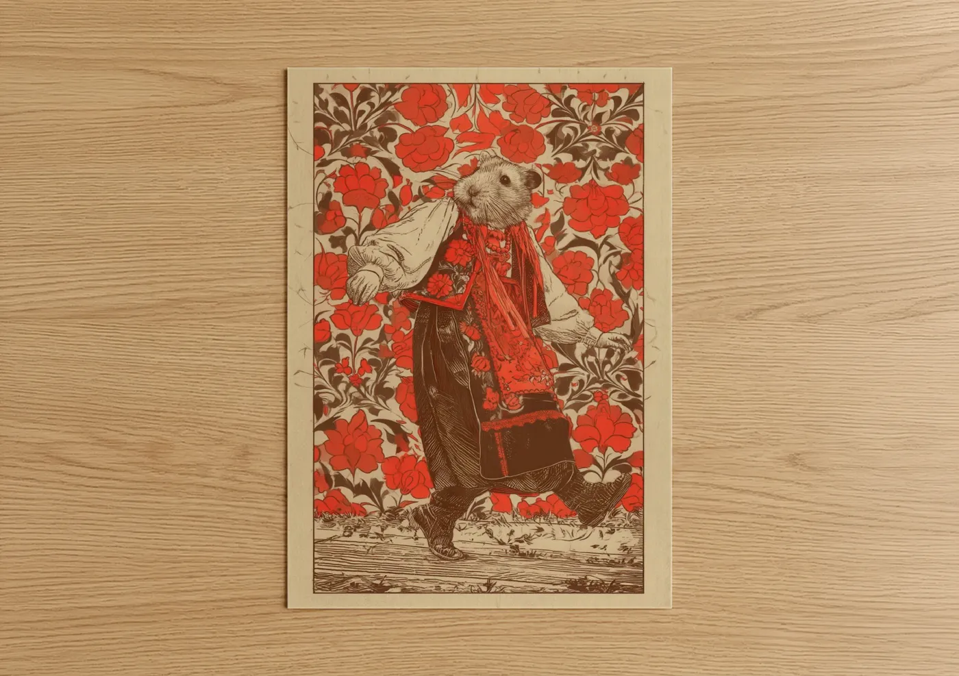Art print on warm oak wood — red and cream palette — Festive Hamster poster