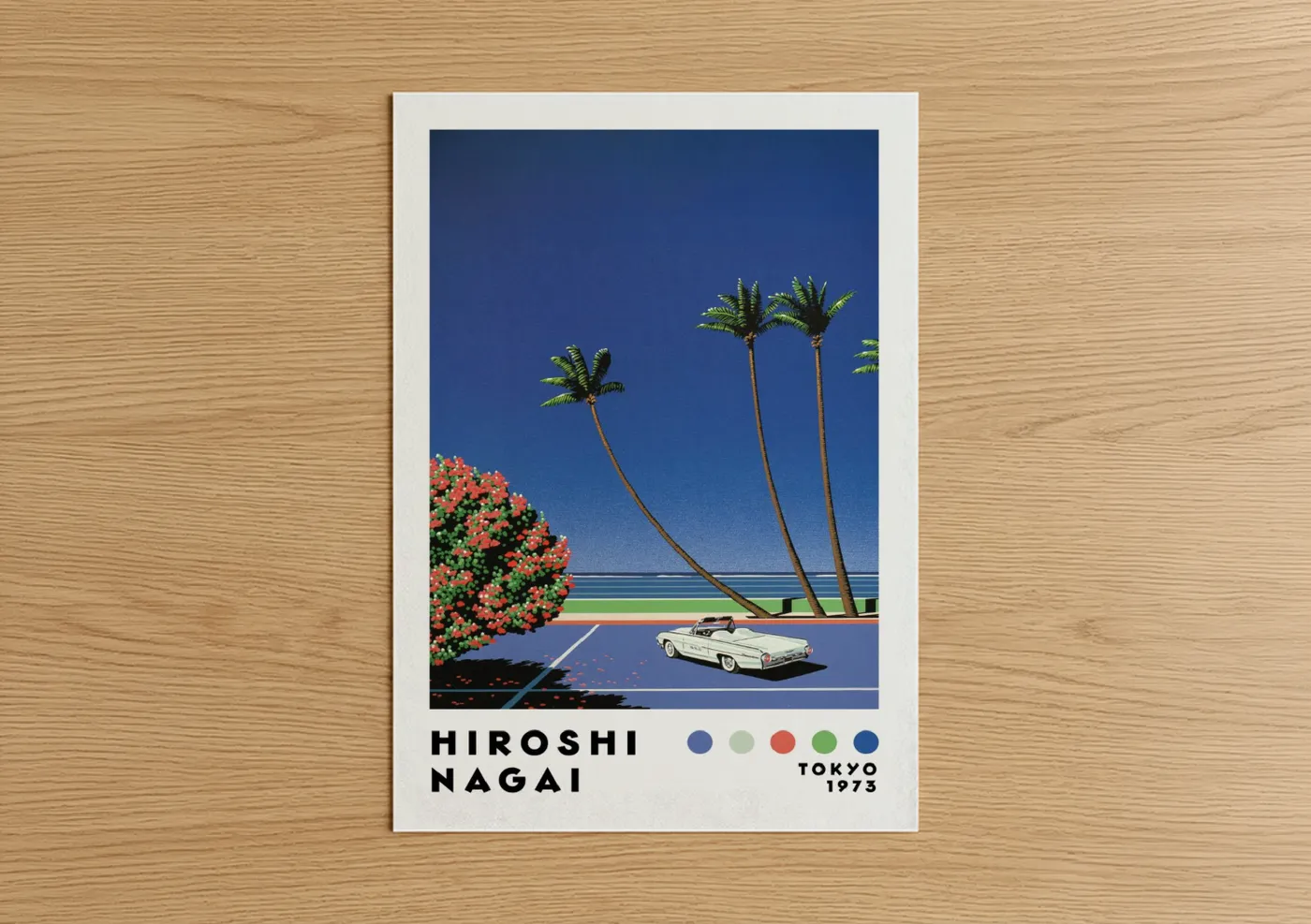 Art print on warm oak wood — blue and royal blue palette — Retro Palm Tree Paradise Wall Art poster